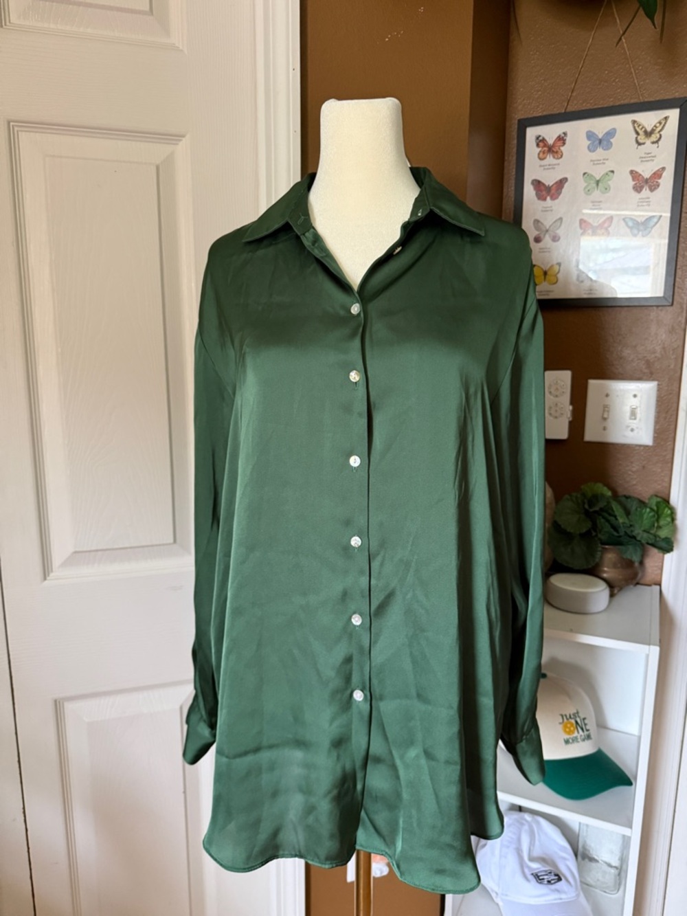 Zara Dark Forrest Green Silky Button Down Blouse Top / Size S